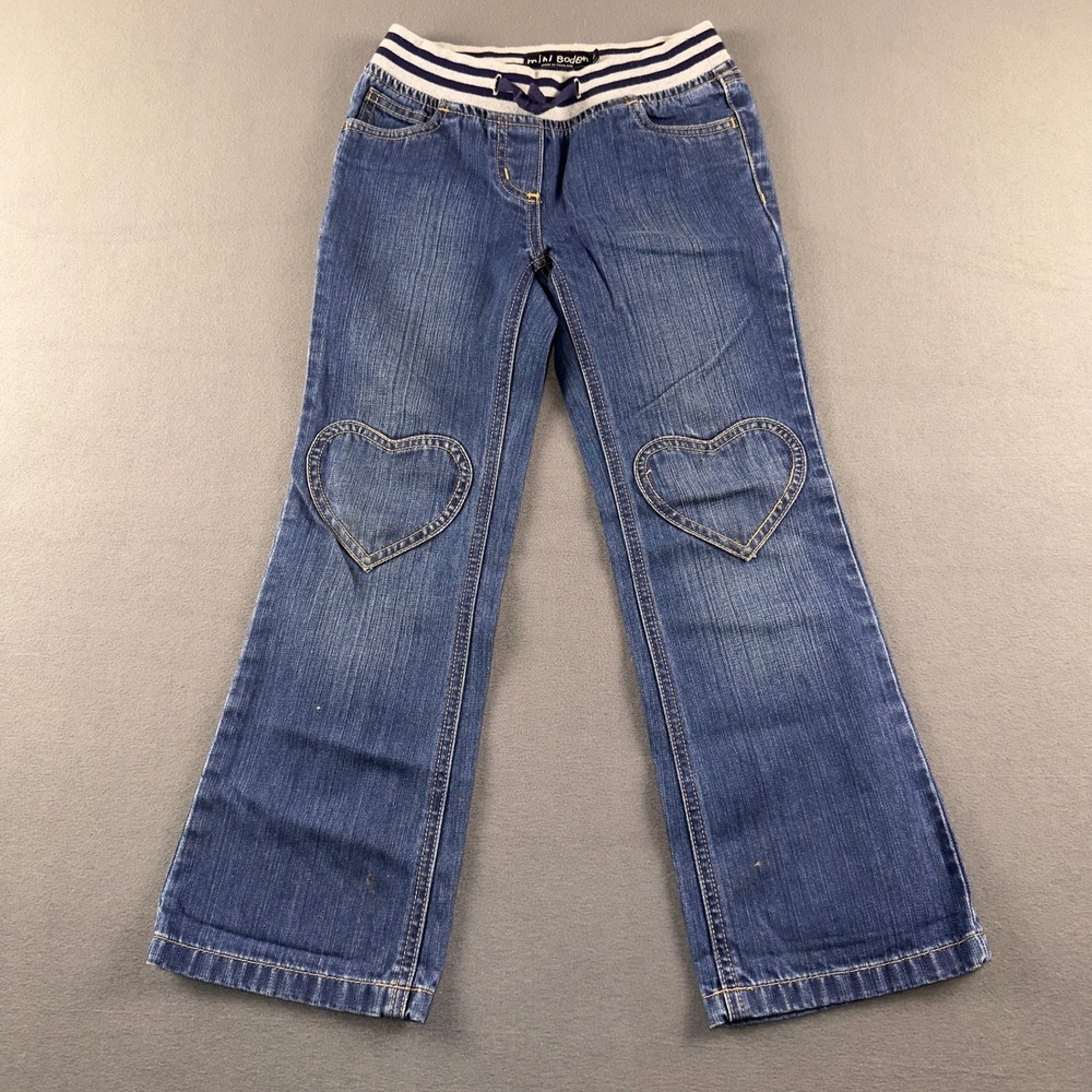 Mini Boden Girls Blue Denim Heart Patch Jeans Striped Waist Size 8Y